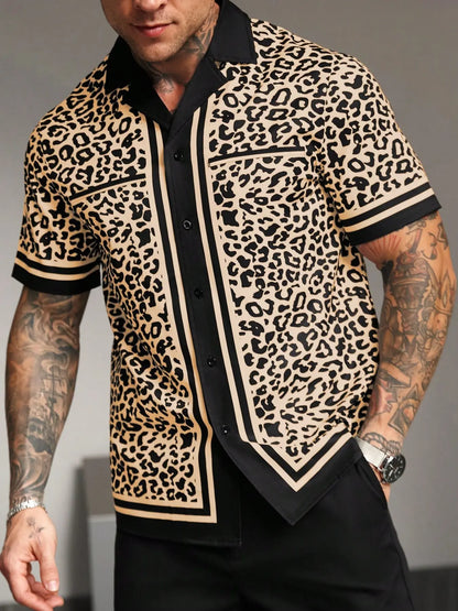 KZZ Men's Casual Short-Sleeve Shirt with Leopard Print Color-Blocking and Spread Collar