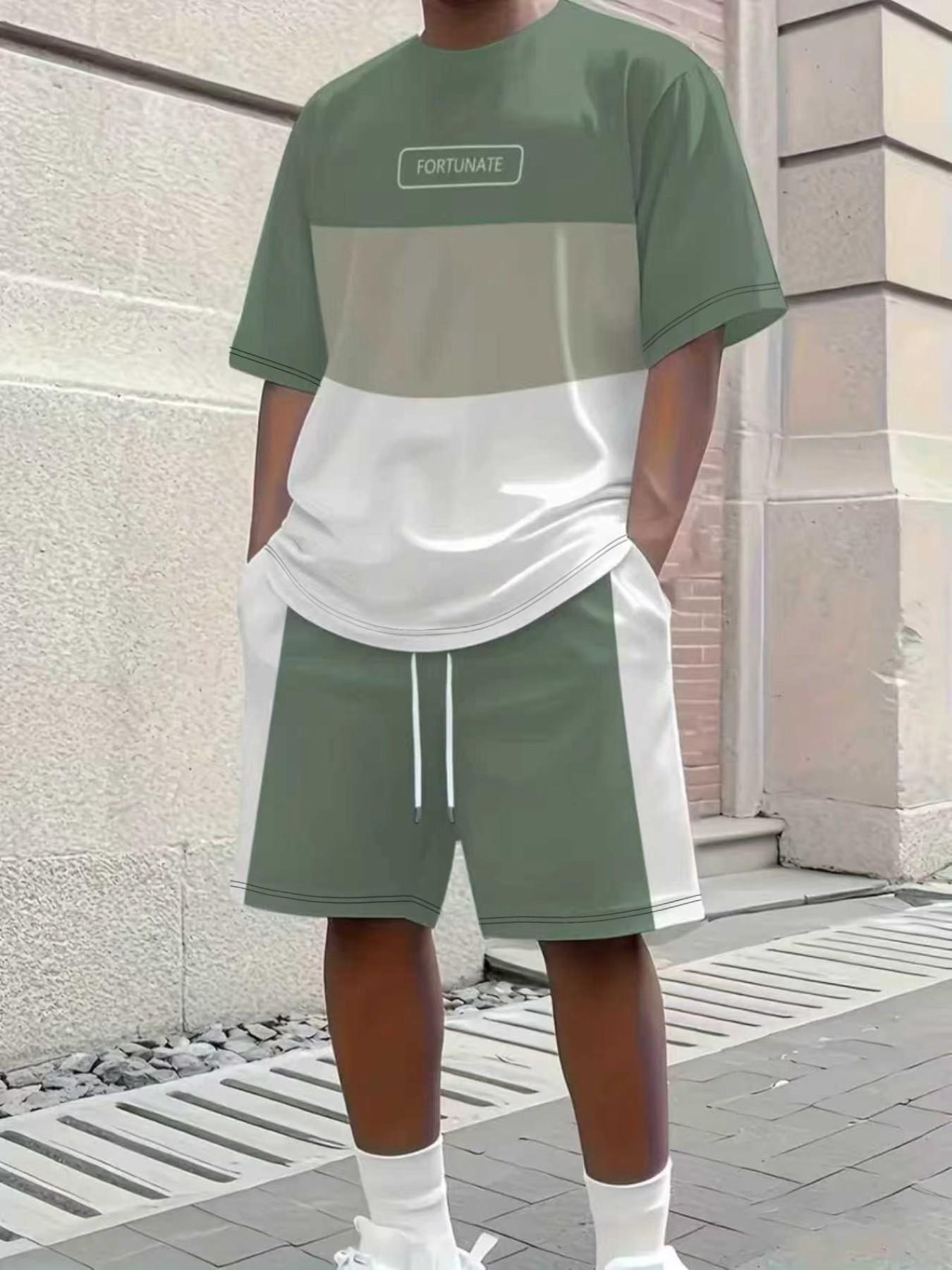 KZZ Men's Summer Color-Block Short-Sleeve T-Shirt and Athletic Shorts Set