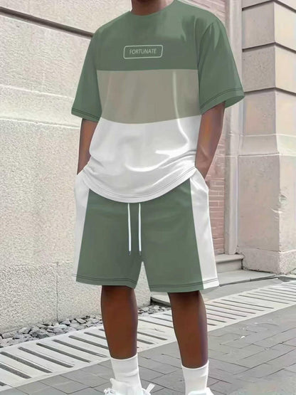 KZZ Men's Summer Color-Block Short-Sleeve T-Shirt and Athletic Shorts Set