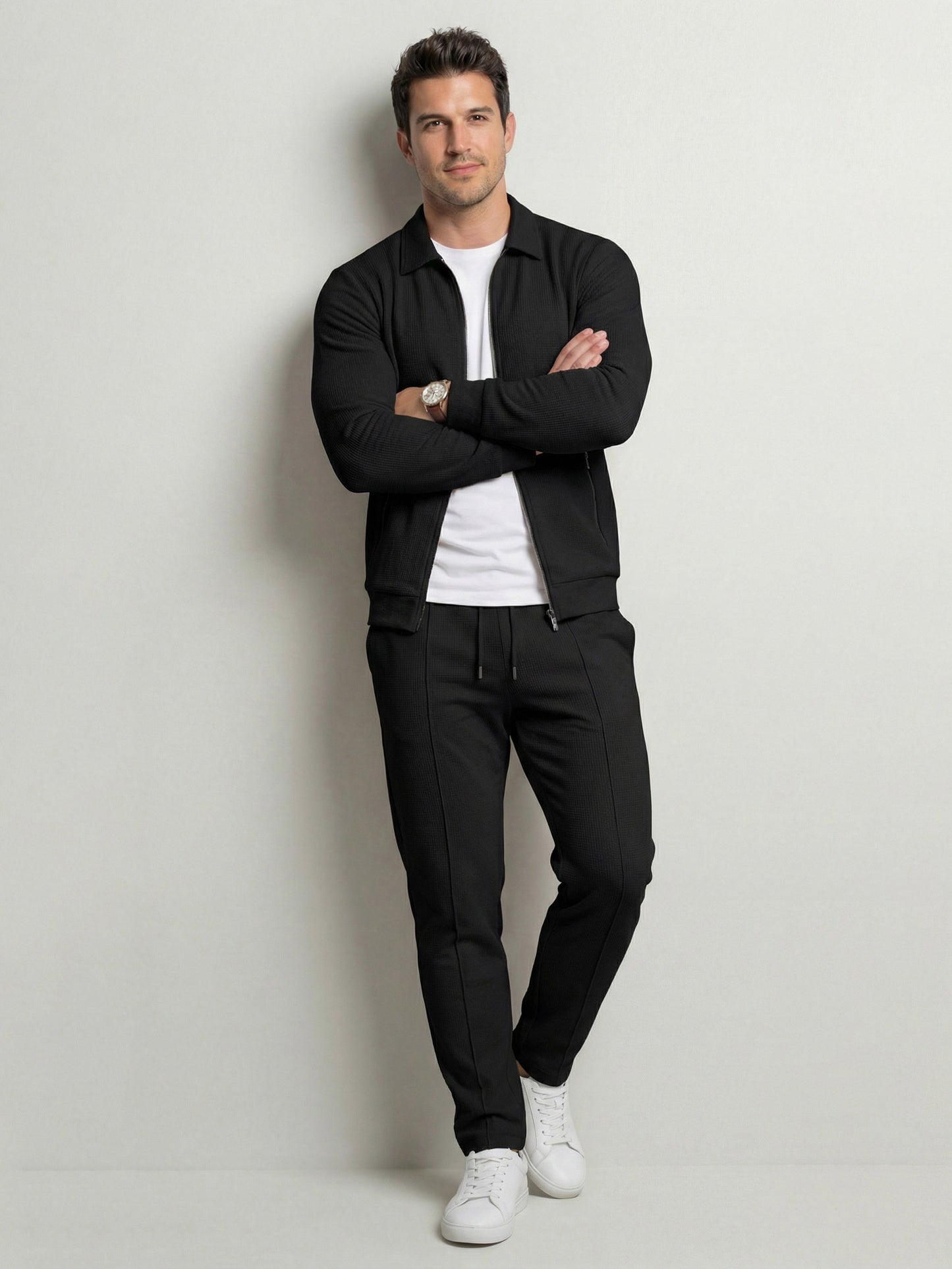 KZZ Sporty Two-piece Set Men's Plain Zip Up Jacket & Drawstring Waist Pants Tracksuit Set