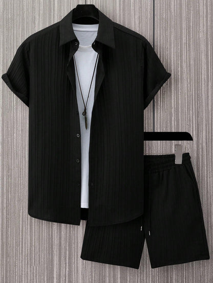 KZZ ultra-large size texture shirt and tie waist shorts summer set