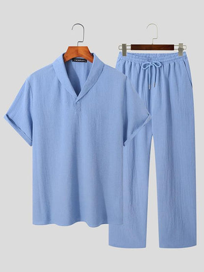 KZZ Summer Men's Textured Shirt and Tie Waist Suit Casual Suit