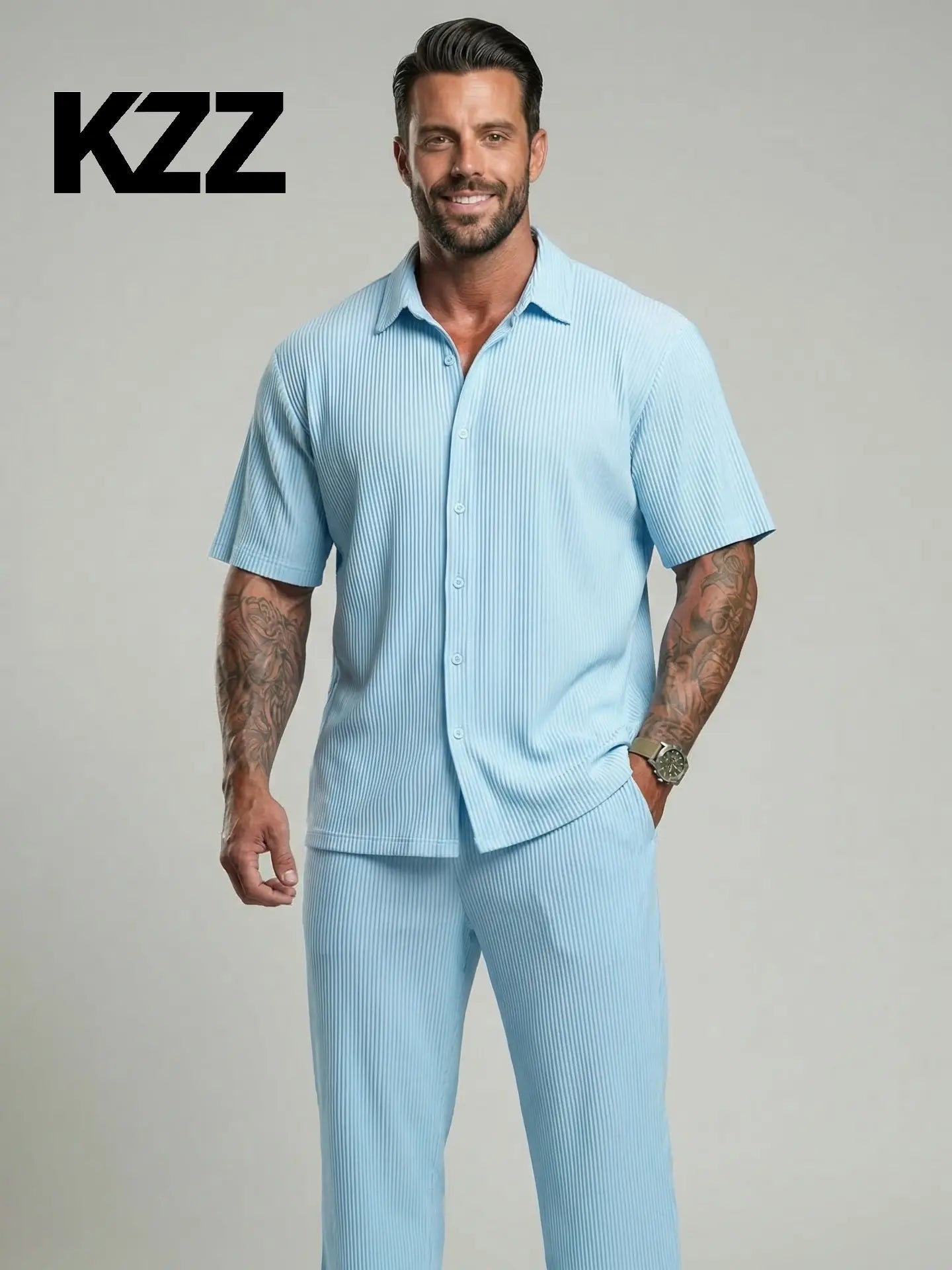 KZZ Solid-Color & Striped Short-Sleeve Two-Piece Set