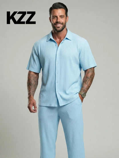 KZZ Solid-Color & Striped Short-Sleeve Two-Piece Set