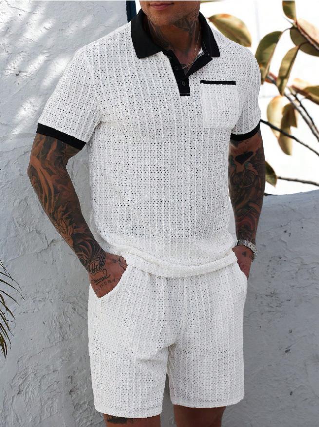 KZZ Men's Summer Cutout Color-block Short-Sleeve T-Shirt and Shorts
