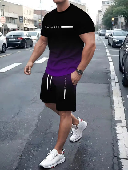 KZZ Men's Gradient Short-Sleeve Gym Set