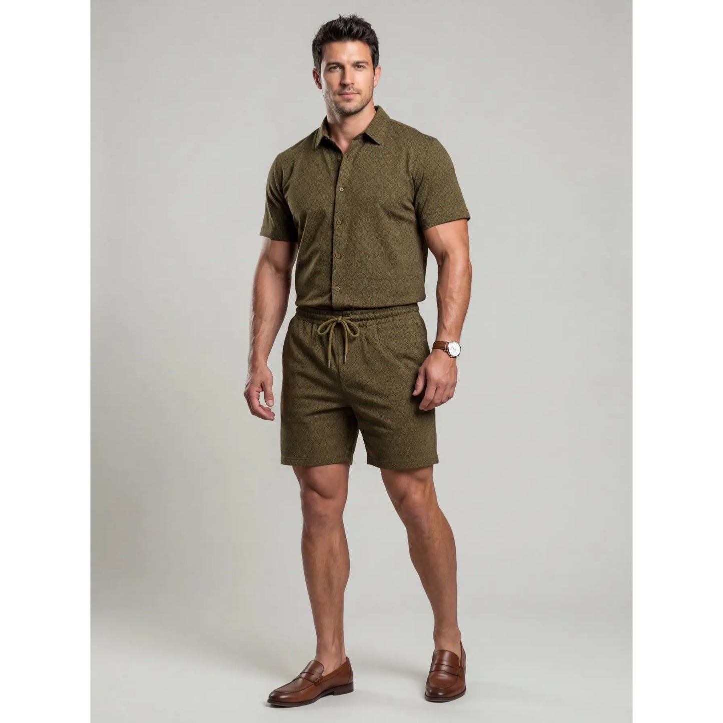 KZZ Men's New Stylish Jacquard Shirt and Shorts Set