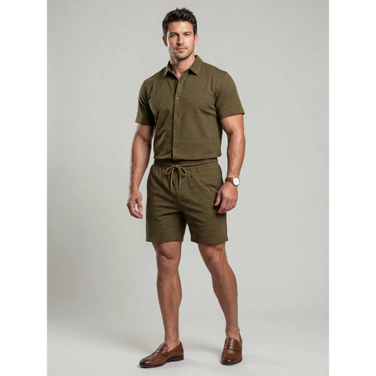 KZZ Men's New Stylish Jacquard Shirt and Shorts Set
