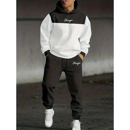KZZ Men's Autumn-Winter Loose Letter Print Hooded Two-Piece Set