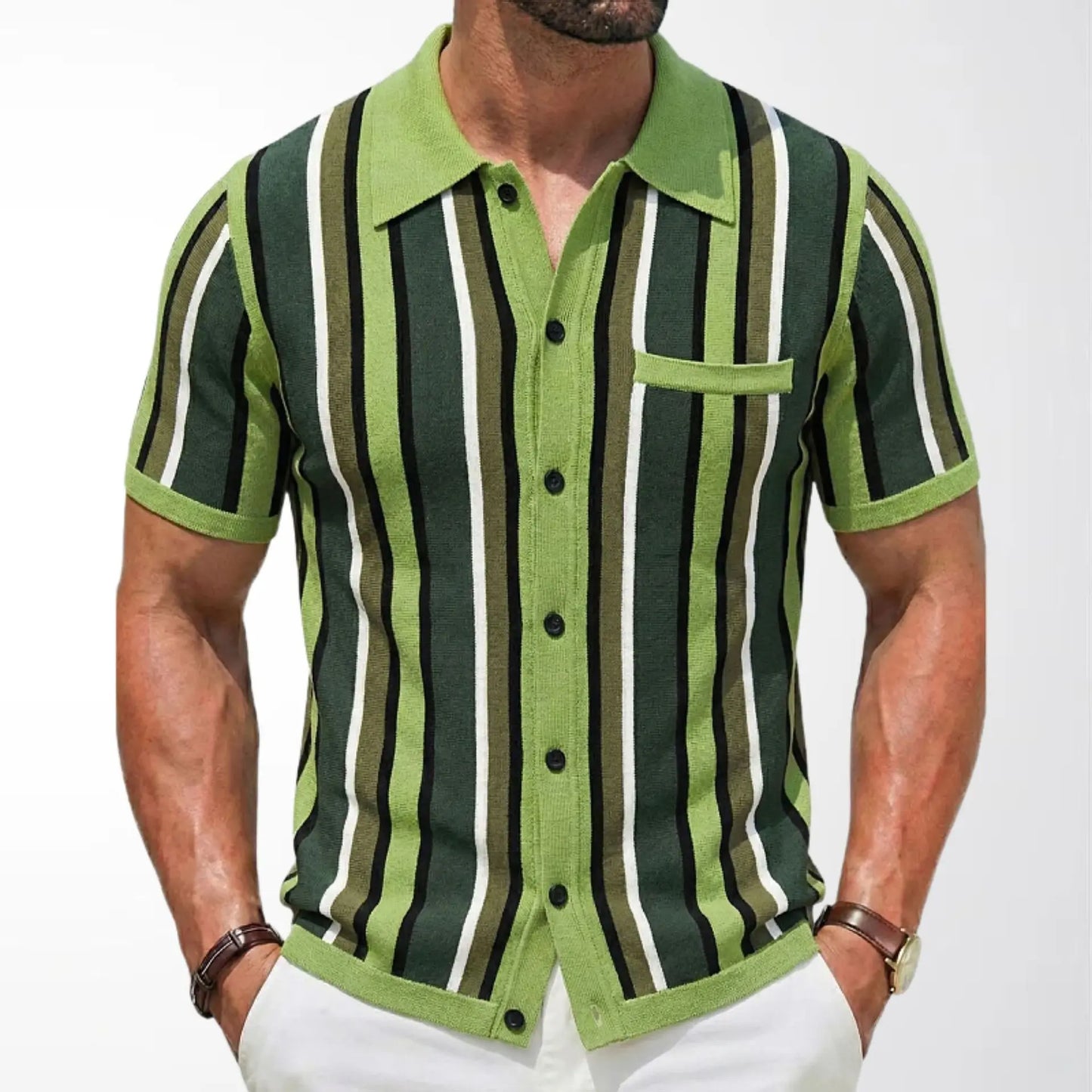 KZZ Men's Summer Casual Knitted Cardigan-Style Polo Shirt — Short Sleeve, Turn-down Collar, Striped