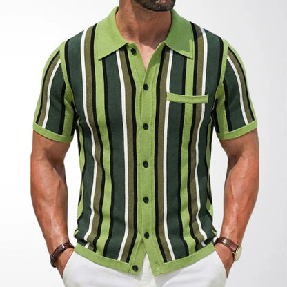 KZZ Men's Summer Casual Knitted Cardigan-Style Polo Shirt — Short Sleeve, Turn-down Collar, Striped