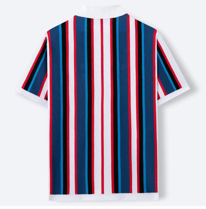 KZZ Men's Summer Casual Knitted Cardigan-Style Polo Shirt — Short Sleeve, Turn-down Collar, Striped