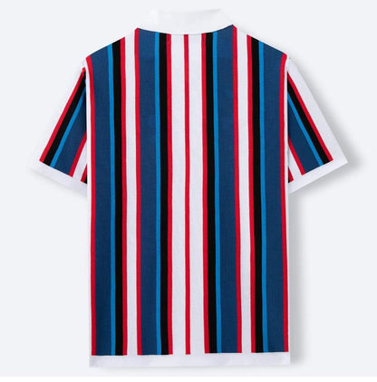KZZ Men's Summer Casual Knitted Cardigan-Style Polo Shirt — Short Sleeve, Turn-down Collar, Striped