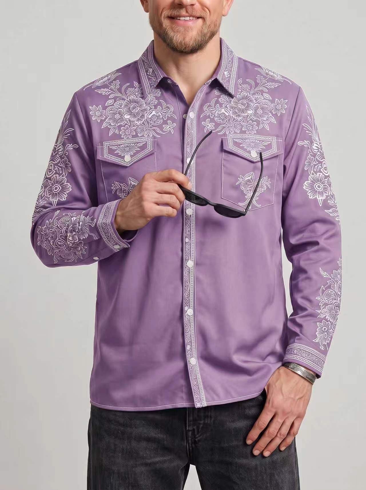 KZZ Men's Vintage Western Long-Sleeve Shirt