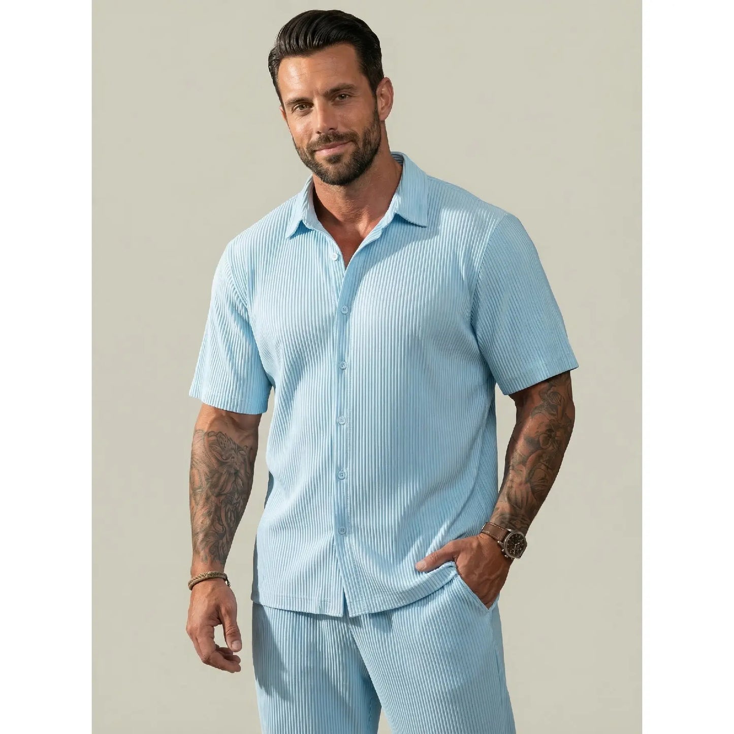 KZZ Solid-Color & Striped Short-Sleeve Two-Piece Set