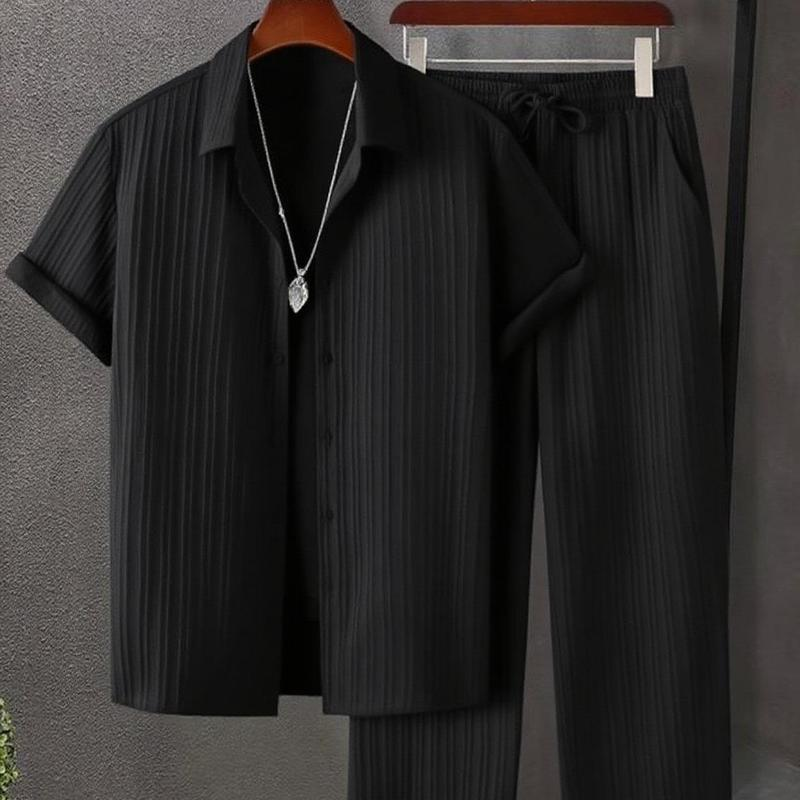 KZZ Men's Two-piece Suit Shirt and Elastic Waist Pants Set