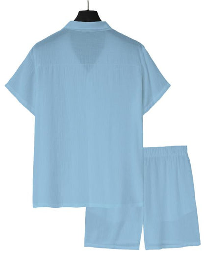 KZZ Men's Solid Color Shirt and Elastic Waist Shorts Set
