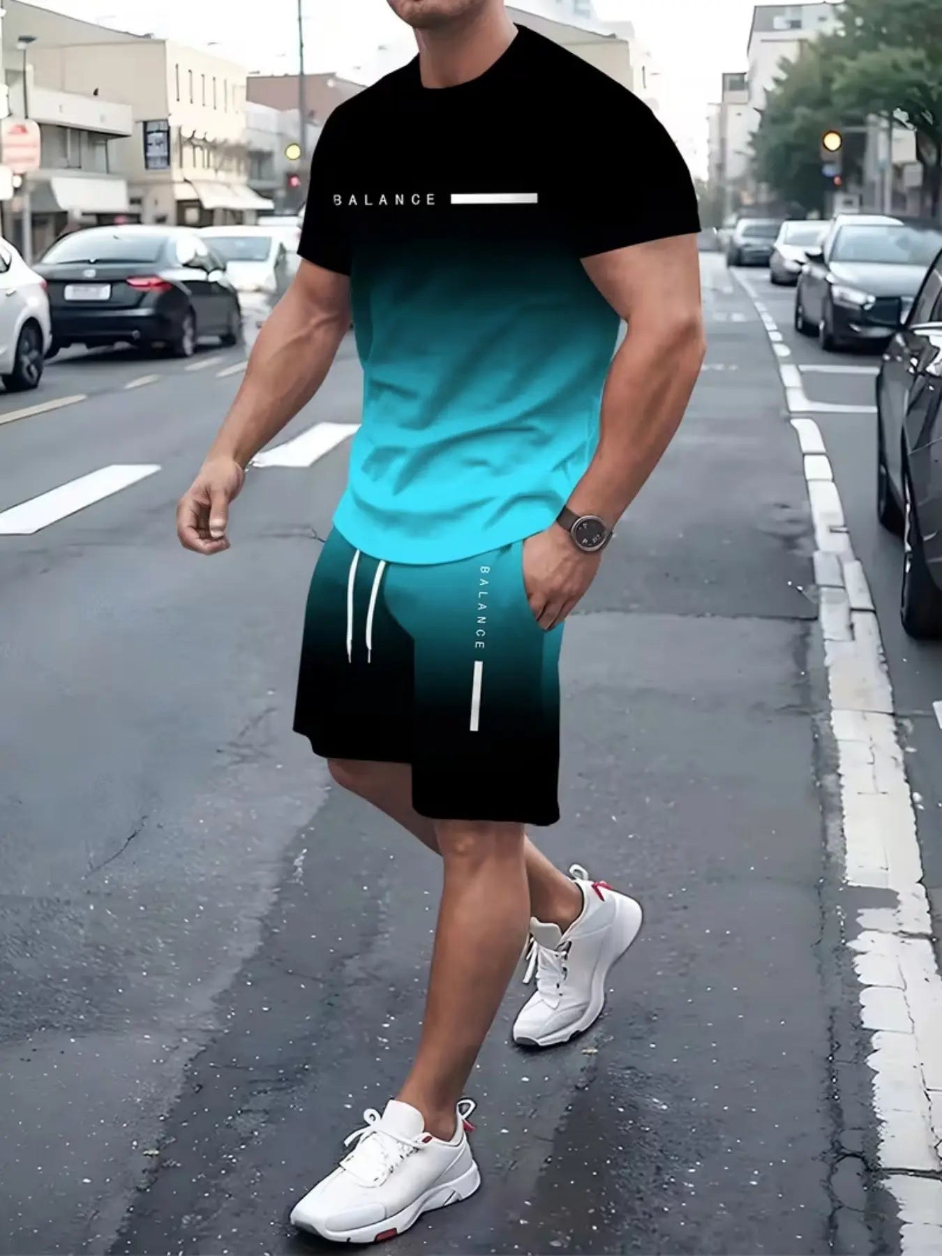 KZZ Men's Gradient Short-Sleeve Gym Set
