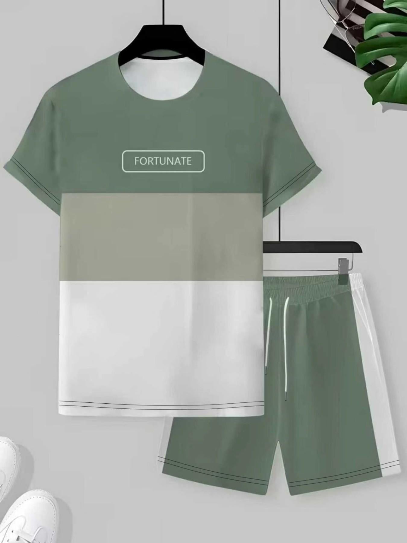 KZZ Men's Summer Color-Block Short-Sleeve T-Shirt and Athletic Shorts Set