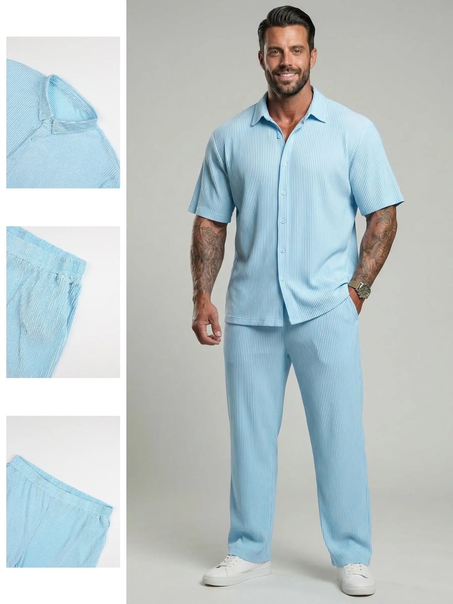KZZ Solid-Color & Striped Short-Sleeve Two-Piece Set