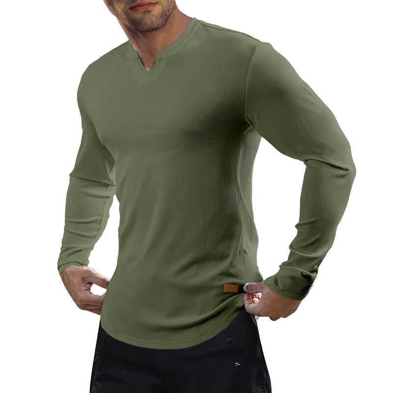 KZZ Men's Solid Casual Shirt Slim Fit T-Shirt, V-Neck Long Ribbed T-Shirt