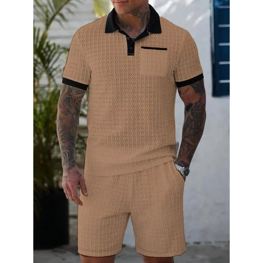 KZZ Men's Summer Cutout Color-block Short-Sleeve T-Shirt and Shorts