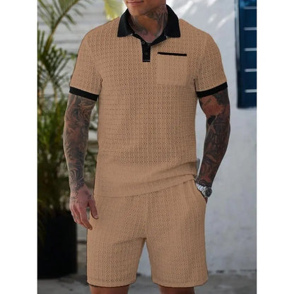 KZZ Men's Summer Cutout Color-block Short-Sleeve T-Shirt and Shorts