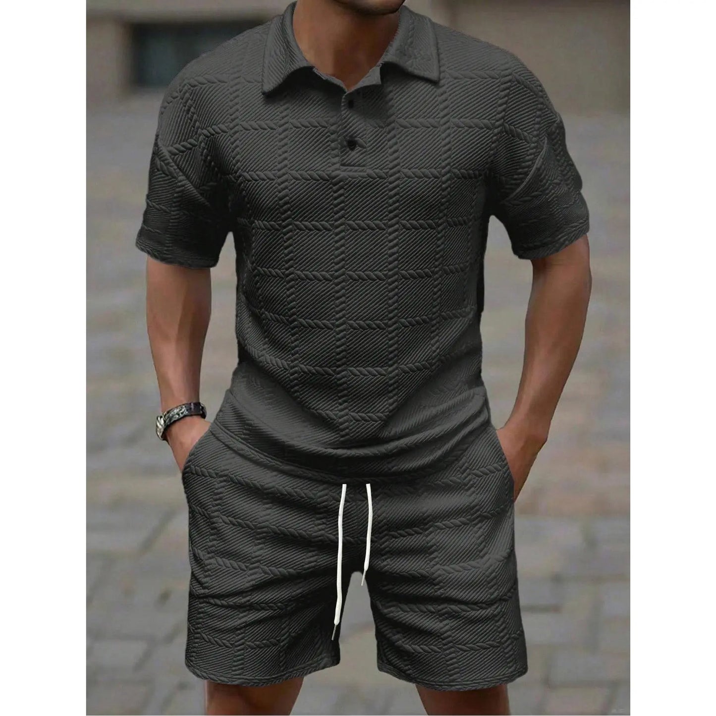 KZZ Men's Summer Solid-Color Stylish Casual Short-Sleeve Set