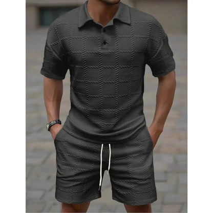 KZZ Men's Summer Solid-Color Stylish Casual Short-Sleeve Set
