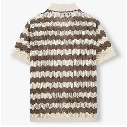 KZZ Men's Retro Hong Kong Style Wavy Open-Knit Polo Shirt