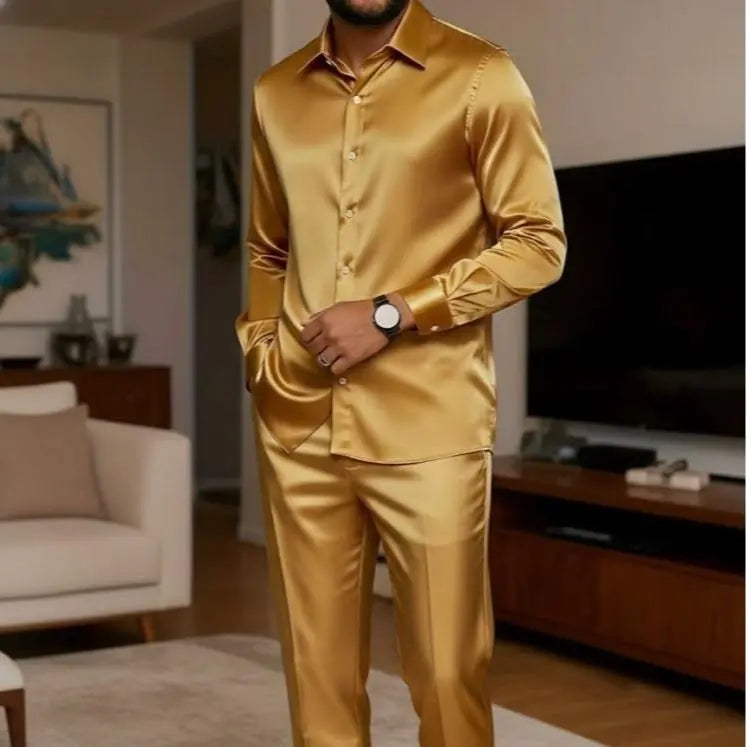 KZZ Men's Milk Silk Stand Collar Long Sleeve Button-Up Shirt Set
