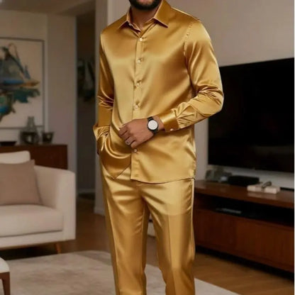 KZZ Men's Milk Silk Stand Collar Long Sleeve Button-Up Shirt Set