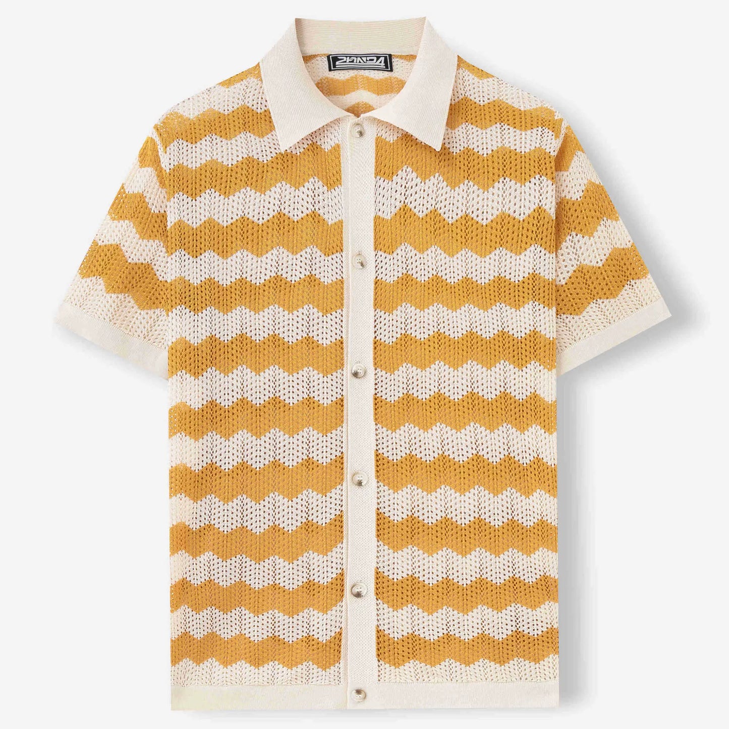 KZZ Men's Retro Hong Kong Style Wavy Open-Knit Polo Shirt