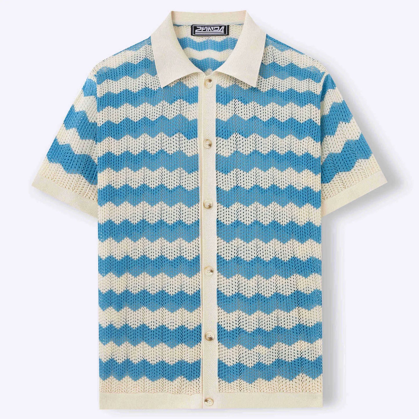 KZZ Men's Retro Hong Kong Style Wavy Open-Knit Polo Shirt