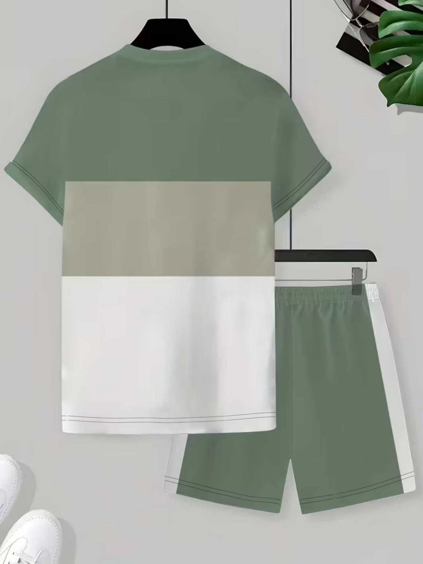 KZZ Men's Summer Color-Block Short-Sleeve T-Shirt and Athletic Shorts Set