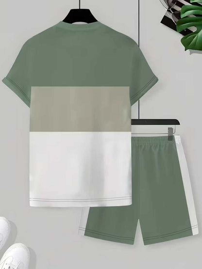 KZZ Men's Summer Color-Block Short-Sleeve T-Shirt and Athletic Shorts Set