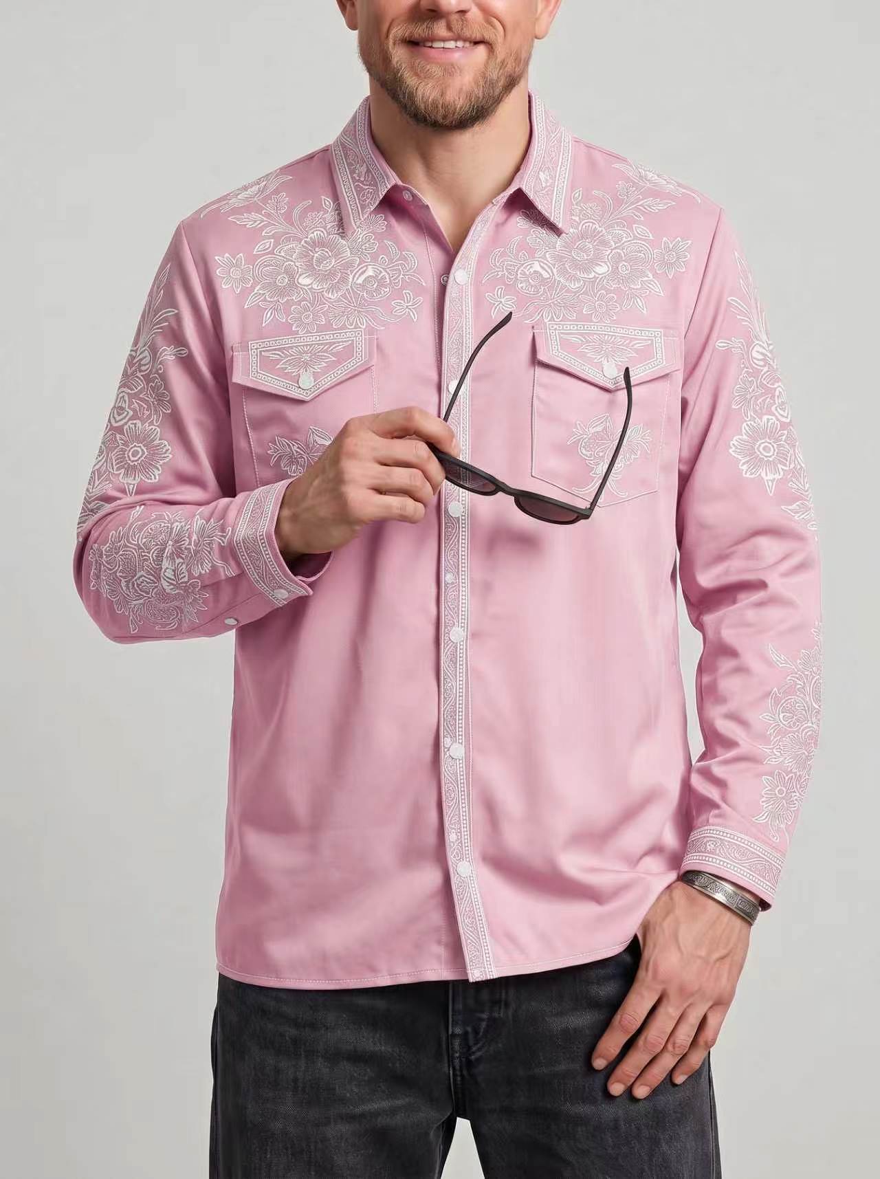 KZZ Men's Vintage Western Long-Sleeve Shirt