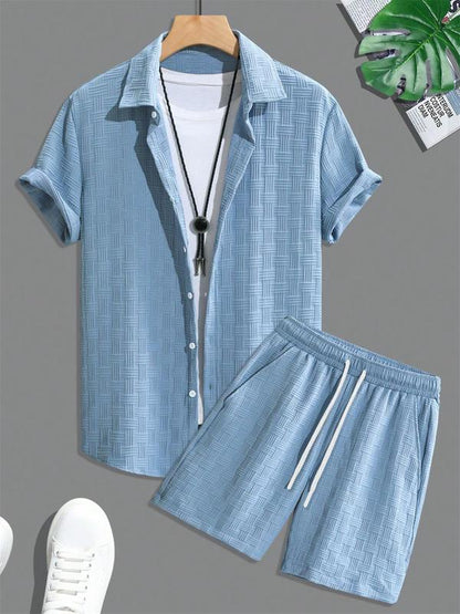 KZZ Men's Pure Color Textured Short Sleeve and Shorts Summer Suit