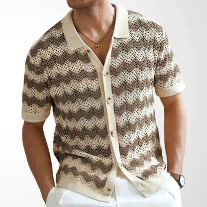 KZZ Men's Retro Hong Kong Style Wavy Open-Knit Polo Shirt