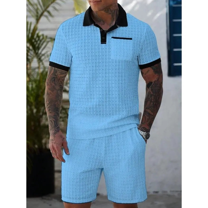 KZZ Men's Summer Cutout Color-block Short-Sleeve T-Shirt and Shorts