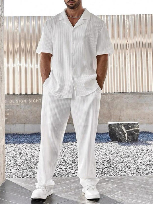 KZZ Men's Two-piece Suit Shirt and Elastic Waist Pants Set