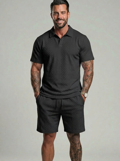 KZZ Men's Solid Polo Shirt & Drawstring Waist Shorts Set