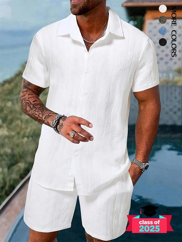 KZZ Men's Pure Color Textured Short Sleeve and Shorts Summer Suit