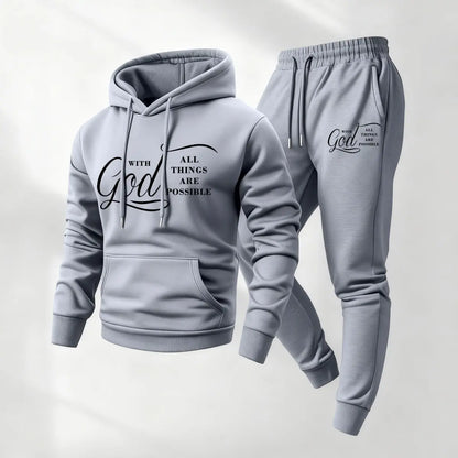 KZZ Men's Printed Hoodie and Drawstring Sweatpants Set