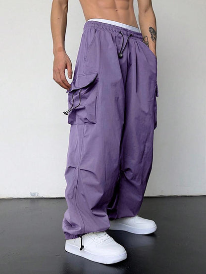 KZZ Loose Solid Pocket Drawstring Waist Overalls