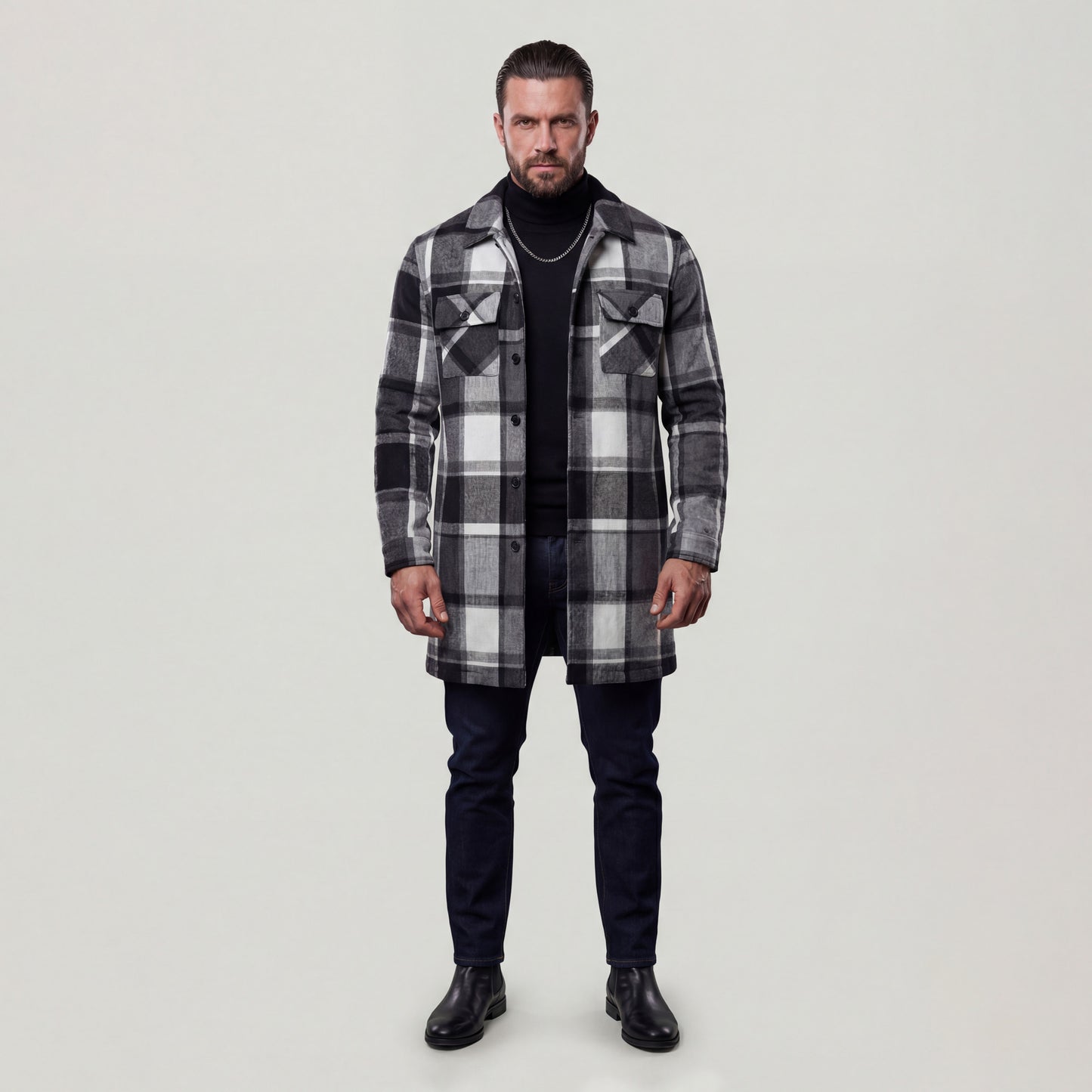 KZZ Men's plaid check long coat, with a buttoned lapel, loose fit