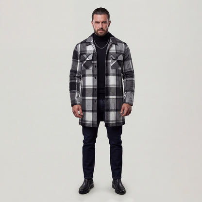 KZZ Men's plaid check long coat, with a buttoned lapel, loose fit