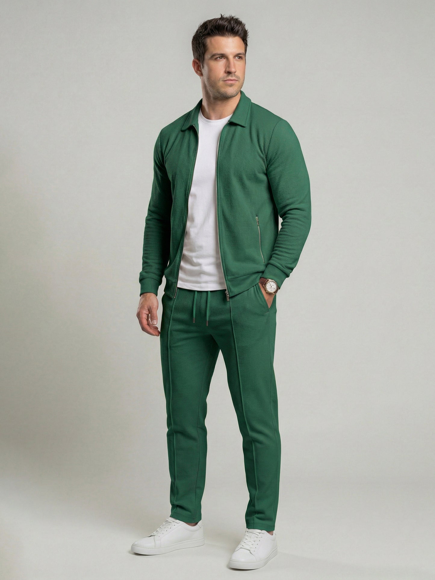 KZZ Sporty Two-piece Set Men's Plain Zip Up Jacket & Drawstring Waist Pants Tracksuit Set