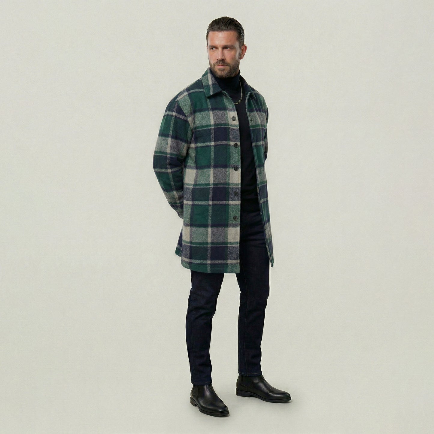 KZZ Men's plaid check long coat, with a buttoned lapel, loose fit