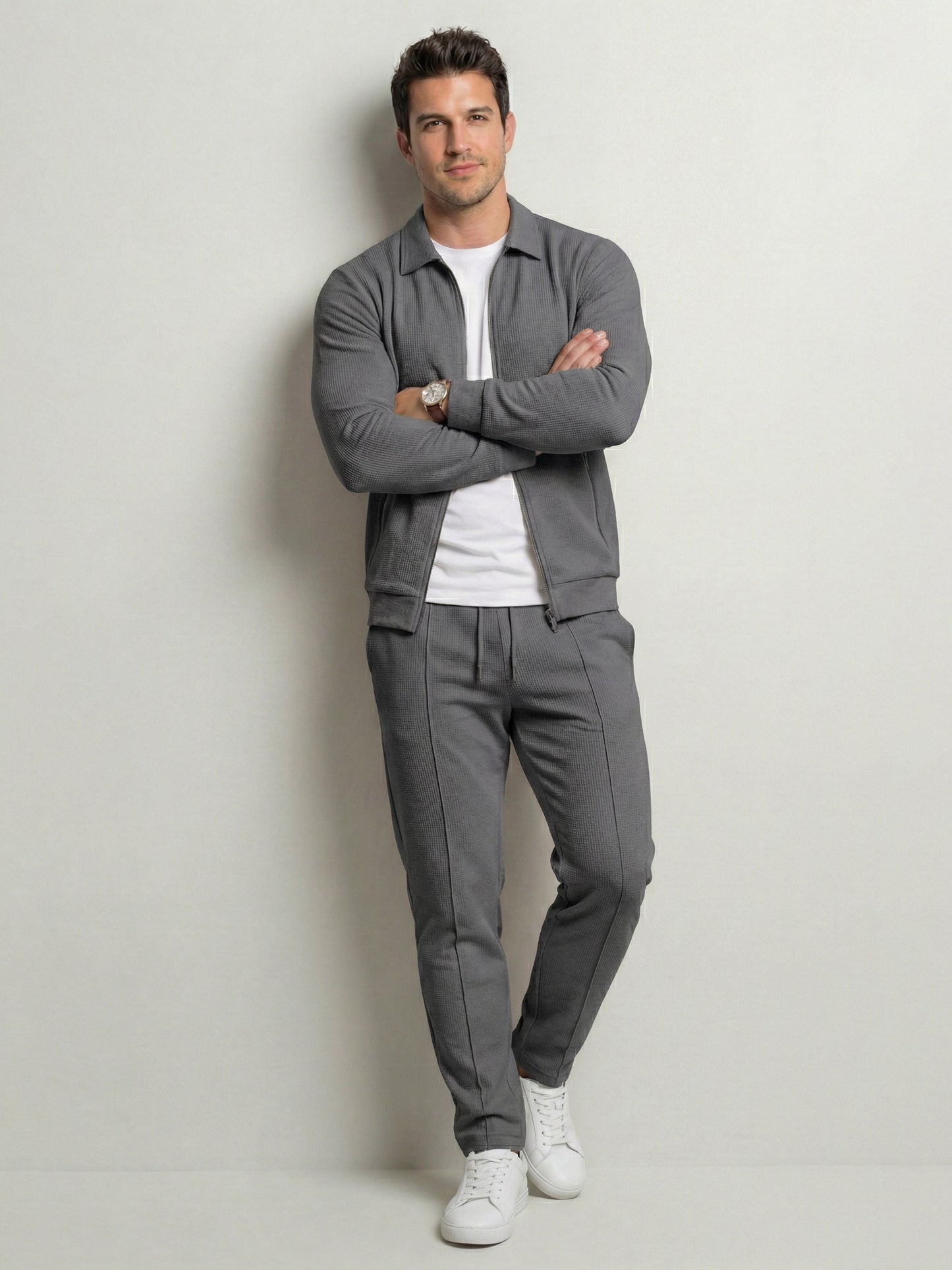 KZZ Sporty Two-piece Set Men's Plain Zip Up Jacket & Drawstring Waist Pants Tracksuit Set